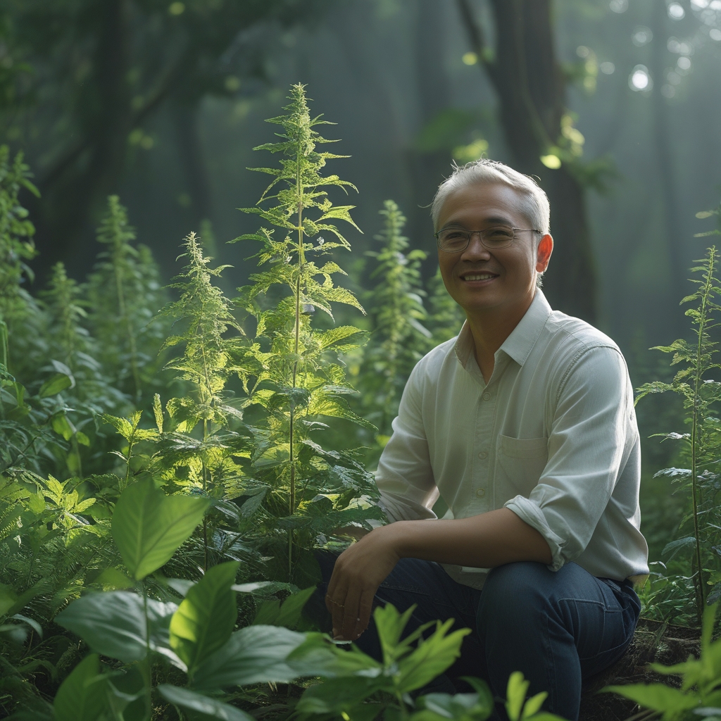 Tanaman herbal liar yang tumbuh di lantai hutan dengan cahaya hijau menyaringi melalui kanopi pohon, menampilkan keanekaragaman hayati tumbuhan alami